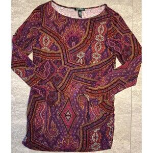 Ralph Lauren Large Pullover Long Sleeve Ruched Sides Purple Pink Paisley Preppy